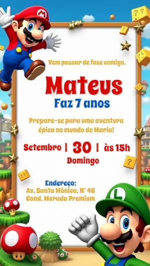 Convite de Aniversário Mario Bros e Luigi para Editar Online