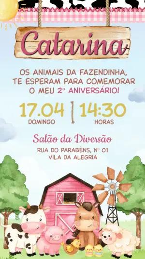 Convite de Aniversário Fazendinha Rosa para Menina Editável