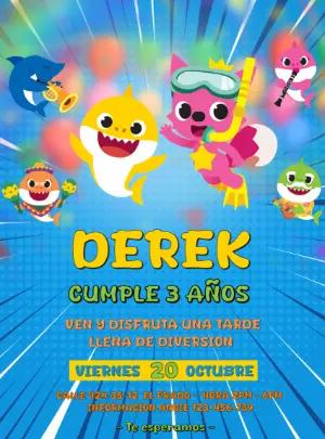 Invitación de Cumpleaños Baby Shark Colorida para Editar