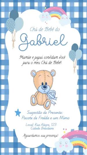Convite Chá de Bebê Ursinho Xadrez Azul para Editar Online