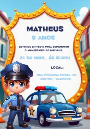 Convite de Aniversário Policial Editável com Menino Policial