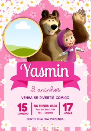 Convite de Aniversário Masha e o Urso Rosa Editável
