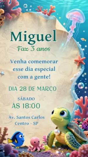 Convite de Aniversário Fundo do Mar com Tartaruga Editável