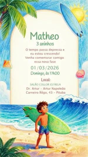 Convite de Aniversário Infantil Tema Surfista para Editar