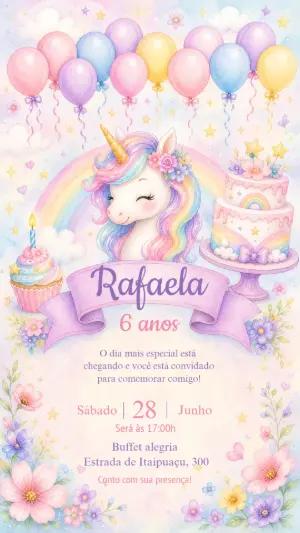Convite de Aniversário Unicórnio Aquarela Editável