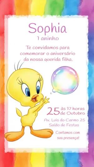 Convite de Aniversário Piu-Piu com Arco-íris para Editar Online