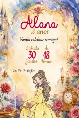Convite de Aniversário Princesa Bela Aquarela Editável