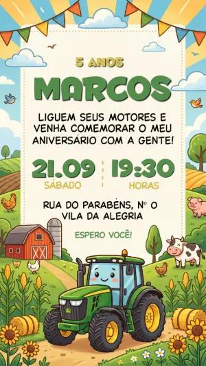 Convite de Aniversário Infantil Trator Fazendinha Editável
