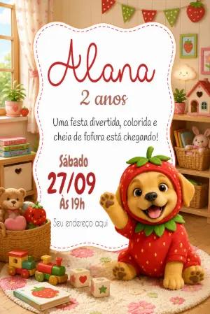 Convite de Aniversário Infantil Cachorrinho Moranguinho Editável