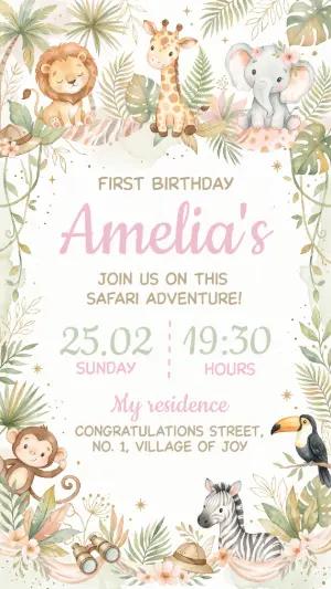 Cute Safari Girl's Birthday Invitation Editable Template