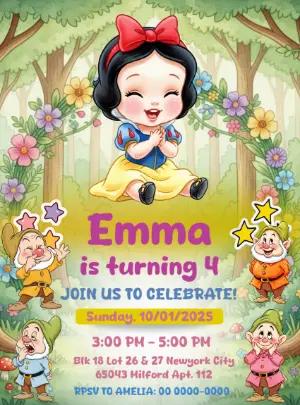 Snow White Birthday Invitation with Dwarfs to Edit