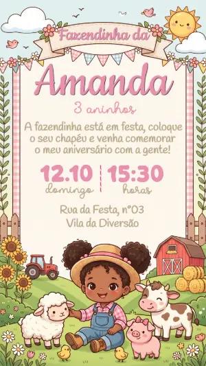 Convite Digital Fazendinha Menina Morena Editável