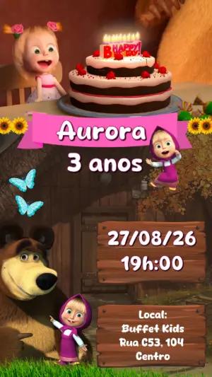 Convite Animado Masha e o Urso: Modelo Editável para Aniversário