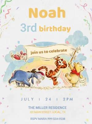 Editable Watercolor Pooh Bear Birthday Invitation