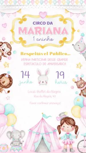 Convite de Aniversário Circo Rosa Aquarela para Editar