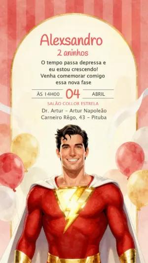 Convite Digital Aniversário Shazam Herói Modelo Editável