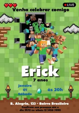 Convite de Aniversário Minecraft Pixelado para Editar
