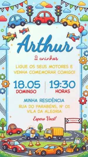 Convite de Aniversário Infantil Carros Coloridos Editável