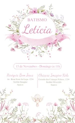 Convite de Batizado Floral Rosa para Editar Online
