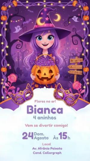 Convite de Aniversário Bruxinha Fofa Roxo para Editar