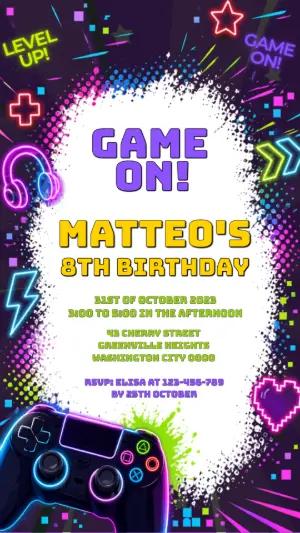 Animated Gamer Birthday Video Invitation | Neon Editable Template