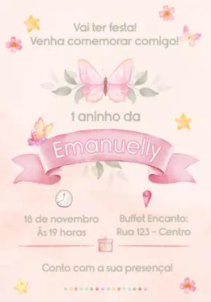 Convite Infantil Borboletas e Flores em Aquarela para Editar