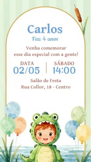 Convite de Aniversário Dinossauro Aquarela para Editar