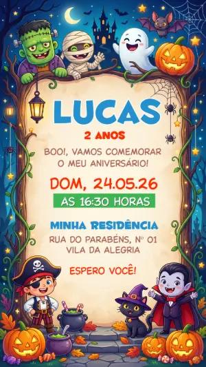 Convite de Aniversário Halloween Infantil Monstros Editável