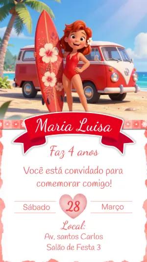 Convite de Aniversário Surfista Menina Editável