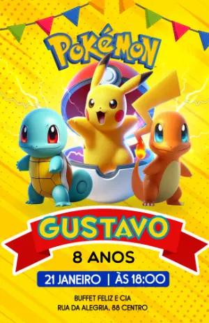 Convite Digital Pokémon para Aniversário Infantil Editável