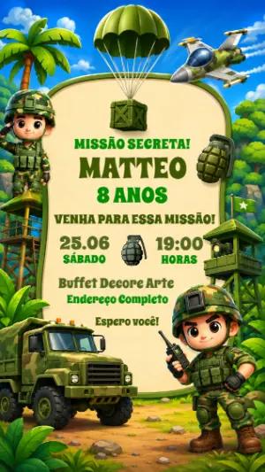 Convite de Aniversário Militar Infantil Camuflado para Editar