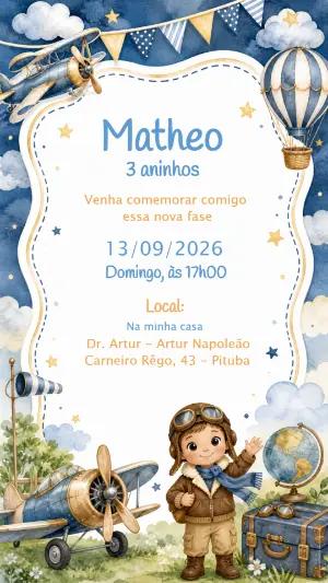 Convite de Aniversário Aviador Aquarela Editável