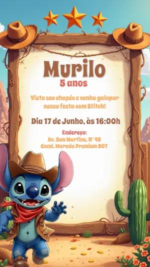 Convite de Aniversário Stitch Cowboy para Editar Online