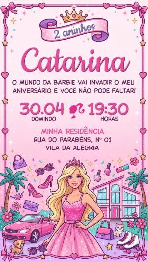 Convite de Aniversário Barbie Rosa Glamour Editável