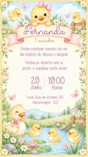 Convite de Aniversário Patinhos Menina Modelo Editável