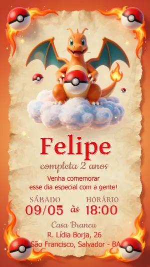Convite de Aniversário Pokémon Charizard 3D para Editar
