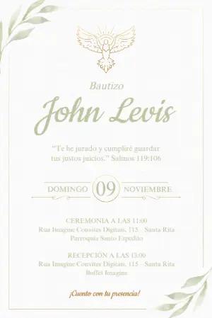 Invitación de Bautizo Elegante con Hojas Verdes Modelo Editable