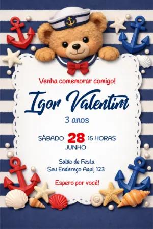 Convite de Aniversário Ursinho Marinheiro Editável para Festa