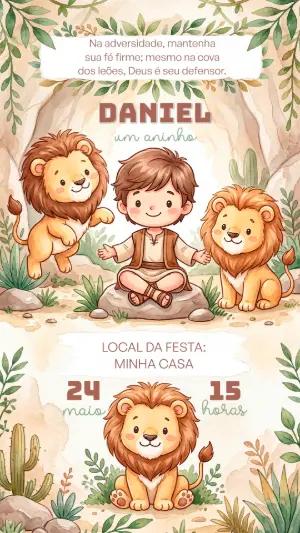Convite Aniversário Daniel e Leões Aquarela para Editar