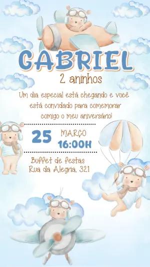 Convite Aniversário Aviador Ursinho para Editar Online