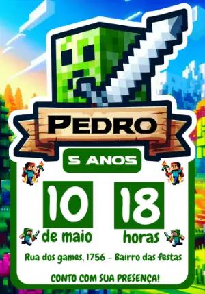 Convite de Aniversário Minecraft com Personagens para Editar Online
