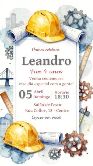 Convite de Aniversário Construtor em Aquarela para Editar