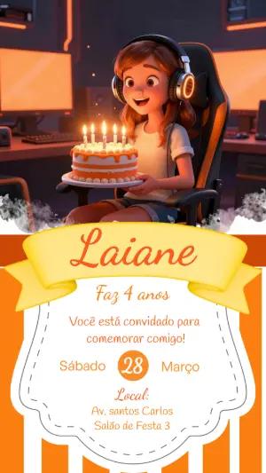 Convite de Aniversário Gamer Menina 3D para Editar Online