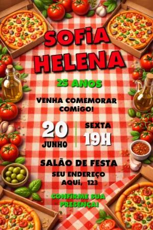 Convite de Aniversário Festa Pizza Rústico para Editar