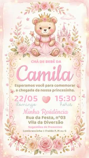 Convite Chá de Bebê Ursinha Princesa Rosa Editável
