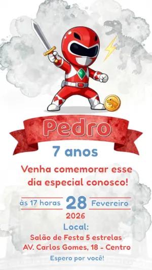 Convite de Aniversário Infantil Power Ranger Vermelho Editável