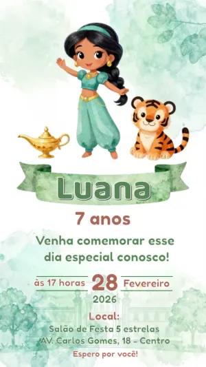 Convite de Aniversário Princesa Jasmine Aquarela Editável