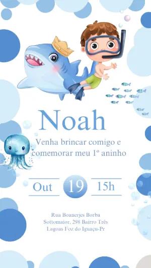 Convite Aniversário Fundo do Mar com Tubarão para Editar Online
