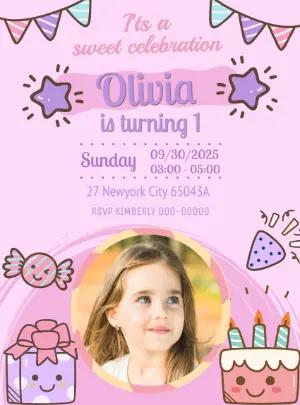 Cute 1st Birthday Invitation with Photo Editable Template