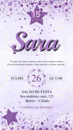 Convite de 15 Anos Estrelas e Glitter Roxo para Editar Online